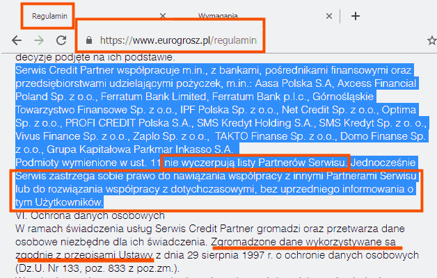 Fragmenty regulaminu Eurogrosz mówiące o przetwarzananiu danych osobowych