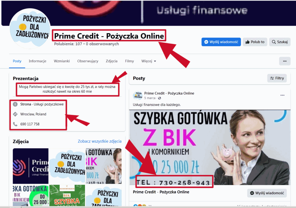Wygląd strony Prime Credit na FB