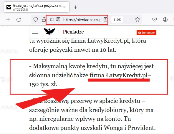 Cytat pokazujący, że RP podaje, że ŁatwyKredyt.pl to firma