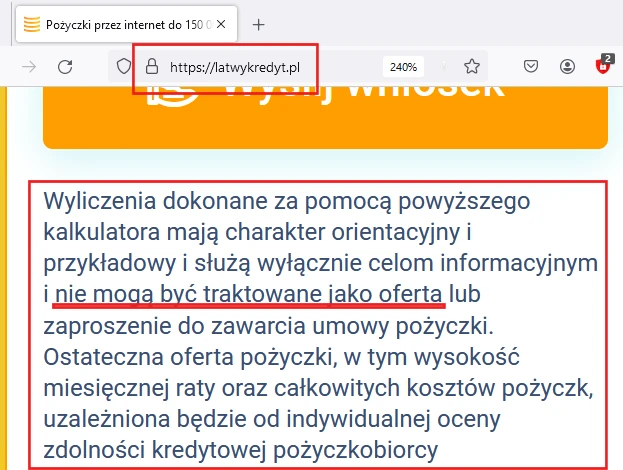 Zapis, że to nie jest wcale oferta ŁatwyKredyt.pl