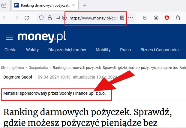 Adnotacja, że to właściciel marki Vivus sponsoruje ranking Money