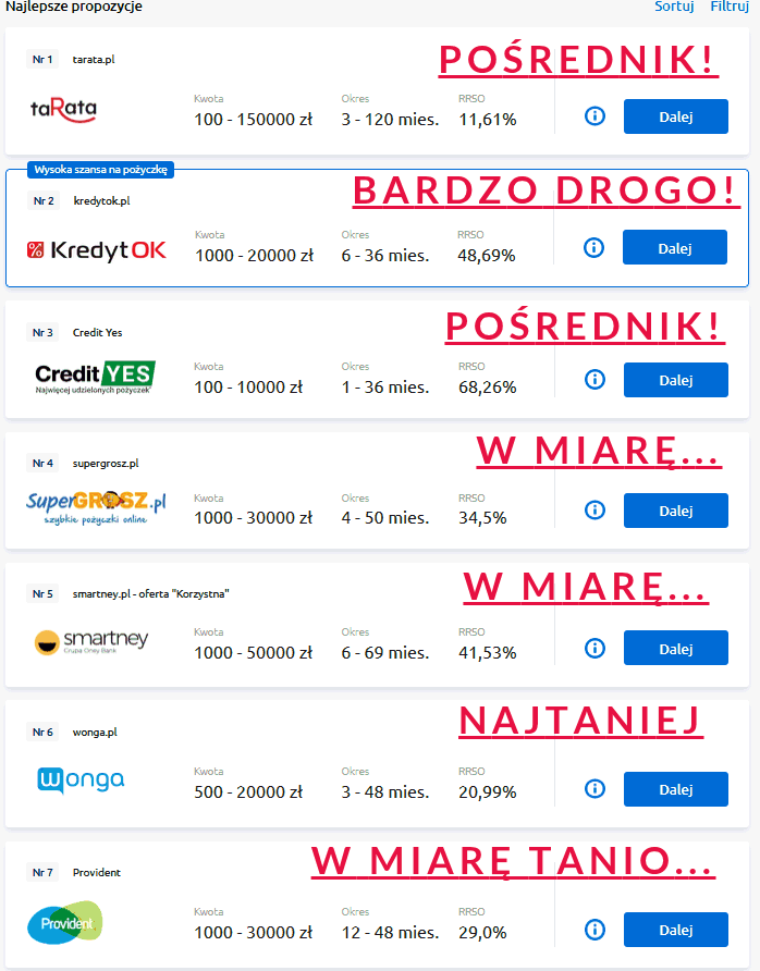 Zrzut ekranu z rankingu pożyczek pozabankowych na raty