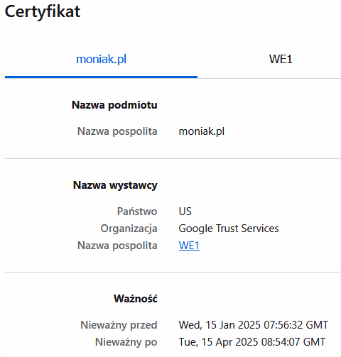 Dane o certyfikacie SSL w moniak.pl