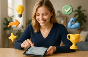 Ilustracja do: Kredyt na dowód w 3 bankach - 7700, 8000 i 8700 zł w uproszczonej procedurze. Klientka banku wybiera ofertę, w koło wirtualne ikony latają